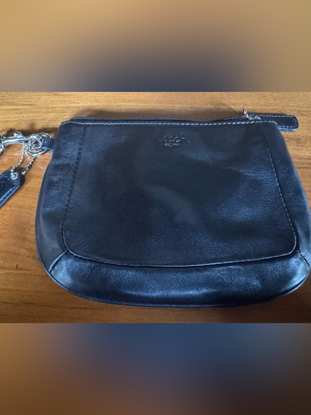 Coach Black Leather Wristlet Clutch with Silver Hardware